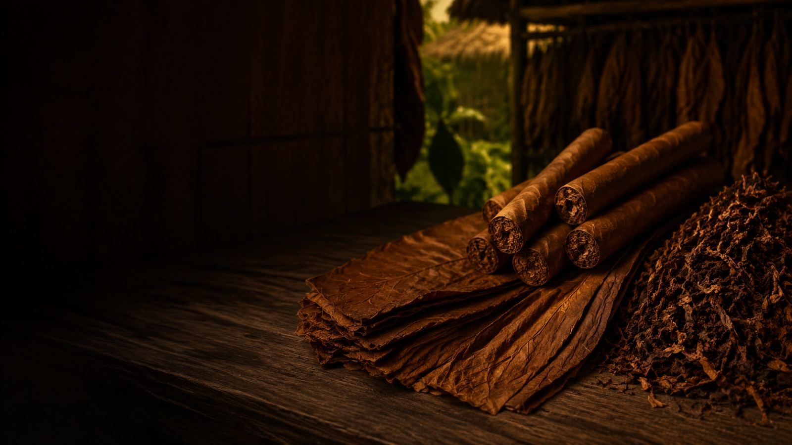 Cigars and cured leaf on a working bench