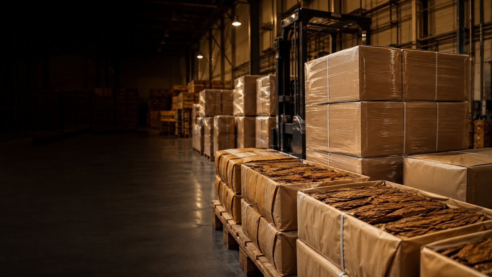 Palletised cases prepared for shipment