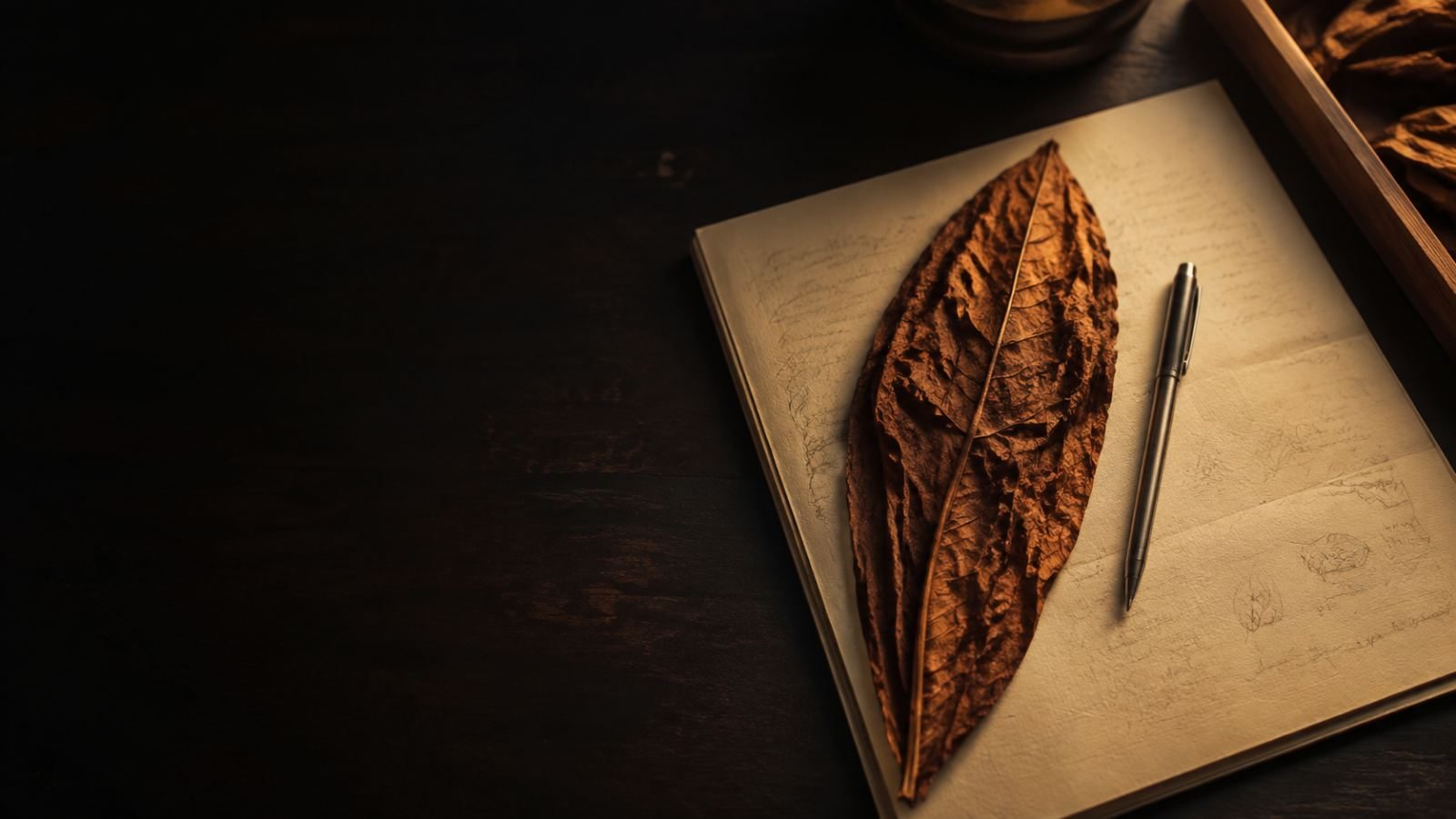 A cured tobacco leaf resting on a working notebook