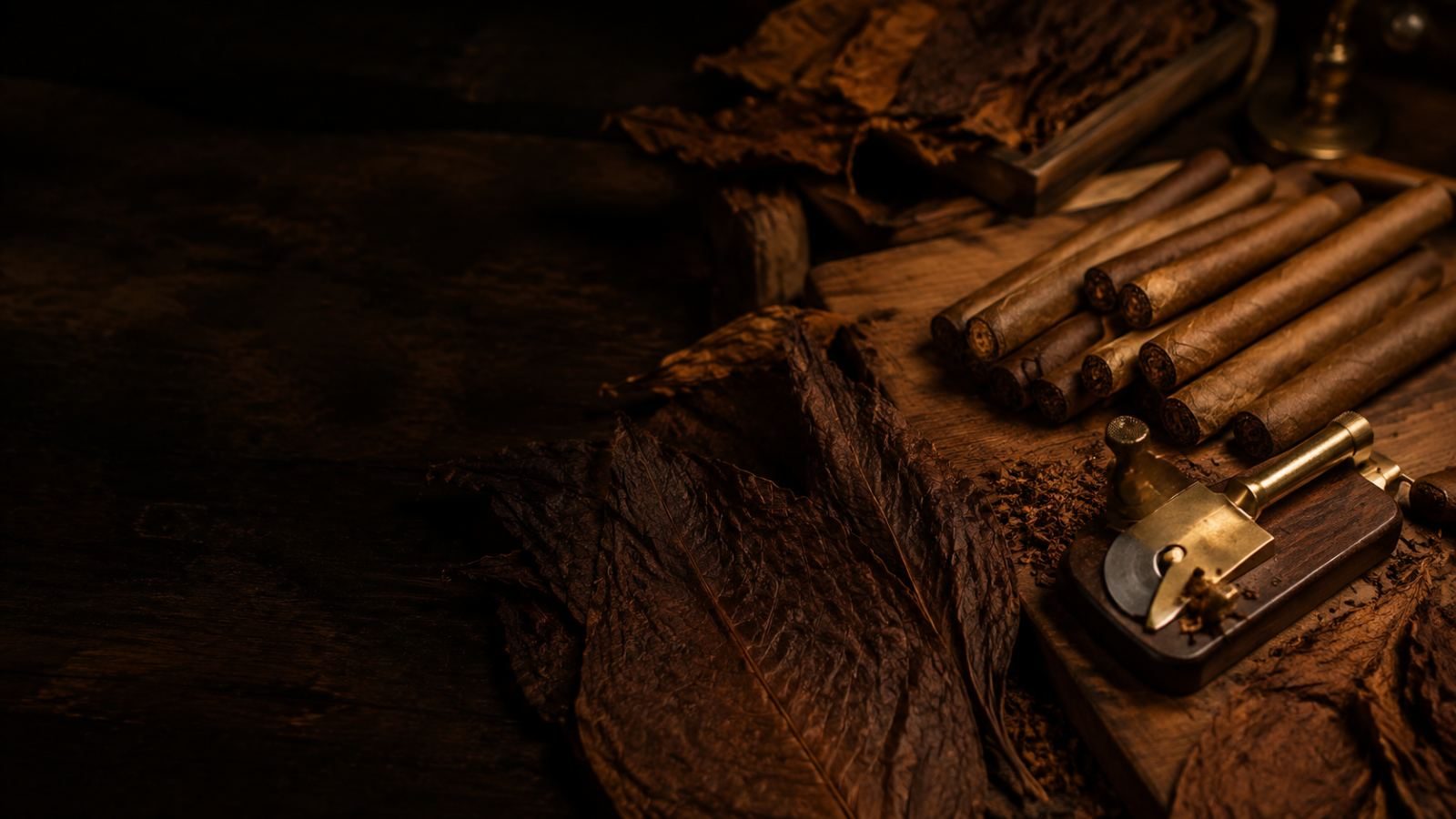 Cured cigars and tobacco leaves on a dark working bench