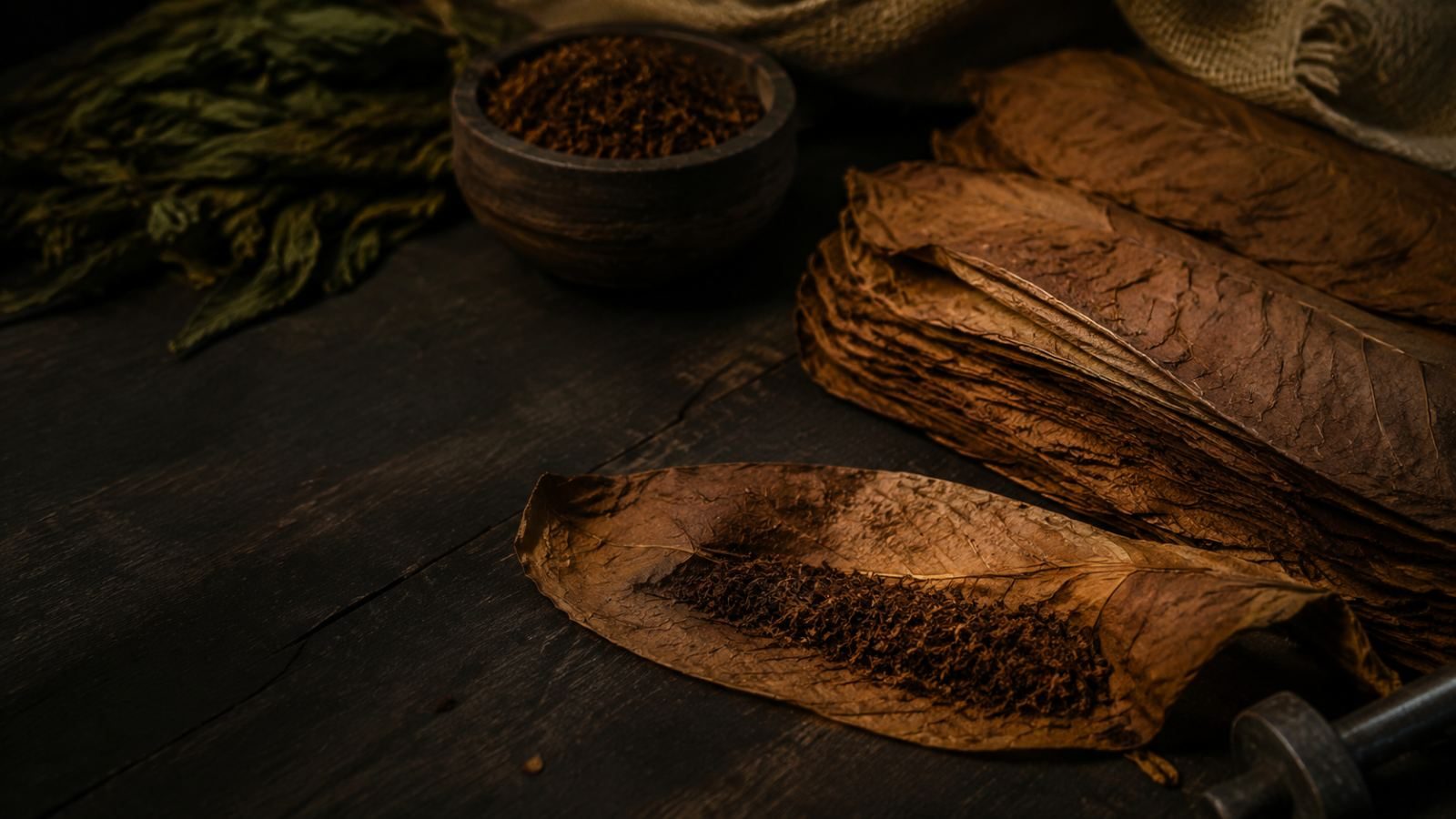 Tobacco leaves and cut filler arranged on dark wood