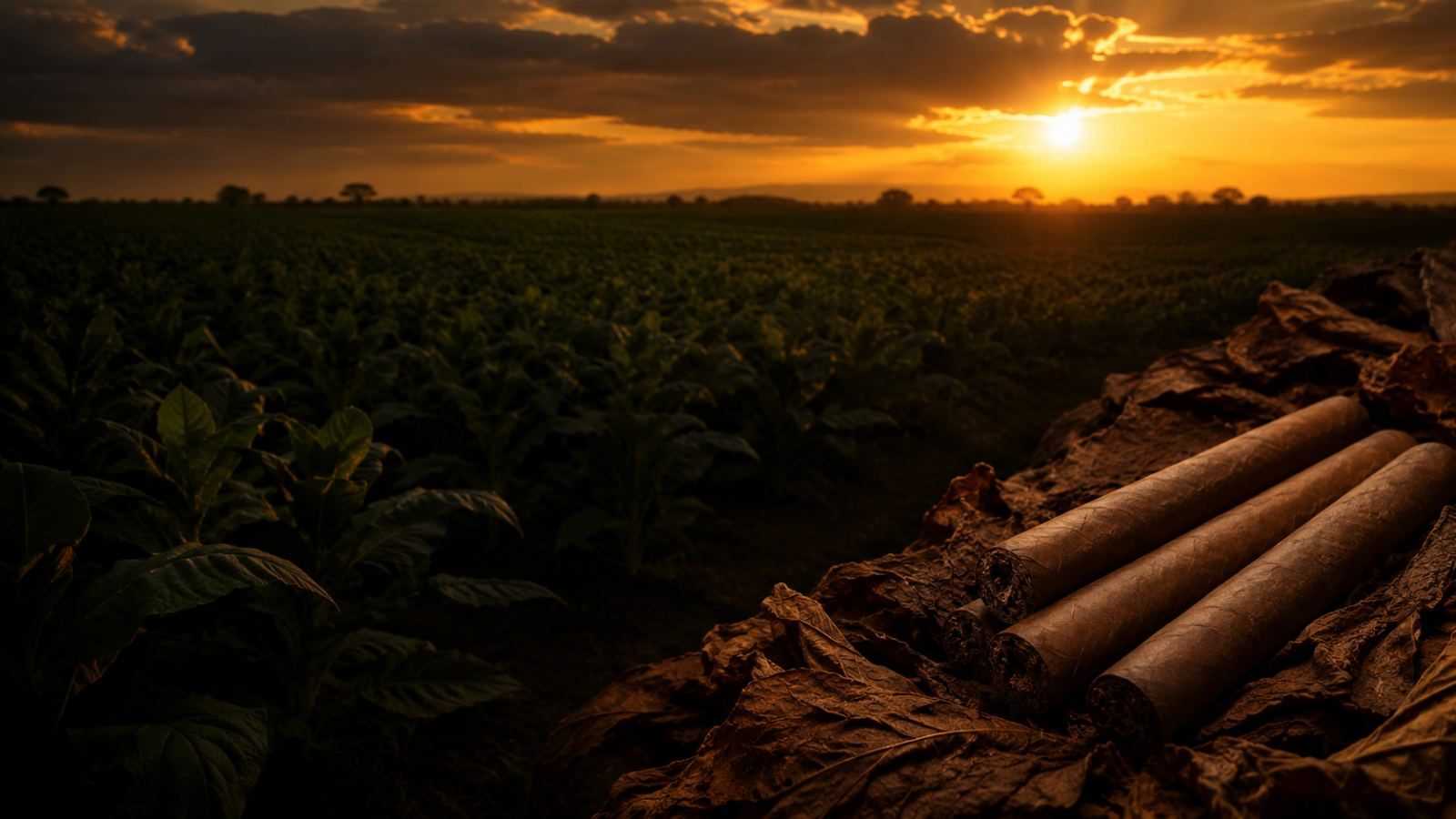 Cigars resting on cured leaves at the edge of a tobacco field at sunset