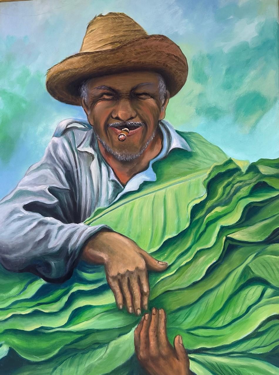 Commissioned painting of a grower with a harvested leaf